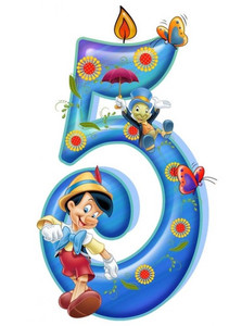 Картинка с кузнечиком, бабочками и пиноккио на свечке в виде цифры 5