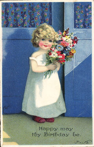 Ретро-открытка с изображением кудрявой девочки с букетом цветов
