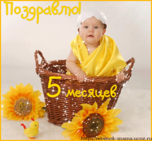 Открытка с малышом в корзинке в желтой накидке и скорлупой на голове
