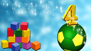 Разноцветные кубики и футбольный мяч на голубом фоне мальчику