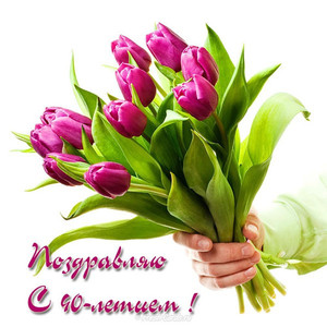 Букет фиолетовых тюльпанов в руках в день юбилея