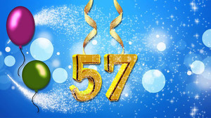 Открытка с золотыми цифрами 57 на золотых ленточках в день рождения