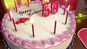 Картинка с белым тортом с фиолетовым узором и свечками на 59-лет