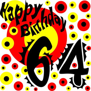 Открытка с красными и жёлтыми шариками и цифрой 64 в день рождения