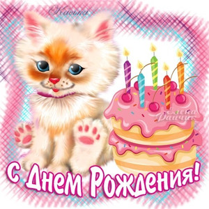 Картинка с котенком и тортом на розовом фоне для друга